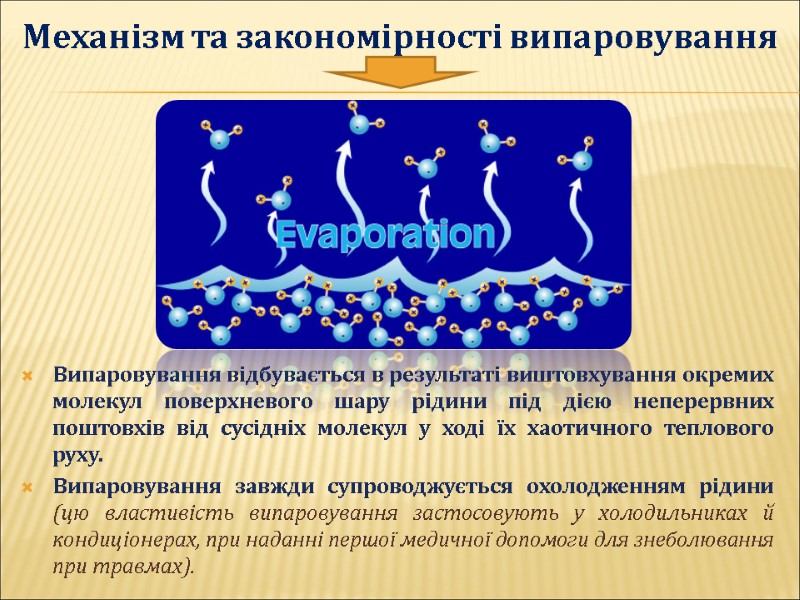 Механізм та закономірності випаровування Випаровування відбувається в результаті виштовхування окремих молекул поверхневого шару рідини